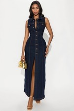 Fashion Nova XS Deandra Dark Denim Stretch Maxi Dress - Sleeveless Collared