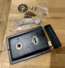 Black Brass Flanged Rim Lock Antique Cottage Door Without Knob or Spindle 