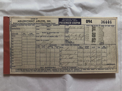 Mid-Continent Airlines Airplane Ticket Passenger Bag Check 1952 Vintage # 36446