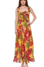 Farm Rio Maxi Dress L Yellow Fruit Dream Tropical Resort Smocked Ruffle Bows