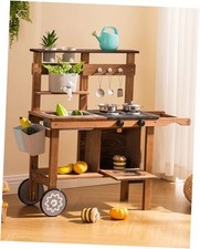Mud Kitchen for Kids Outdoor with Wheels, Wooden Outdoor Play With Wheels