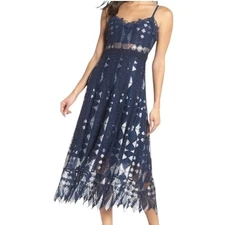 Foxiedox Dress Women Medium Blue Silver Lace Bravo Zulu Midi Party Cocktail