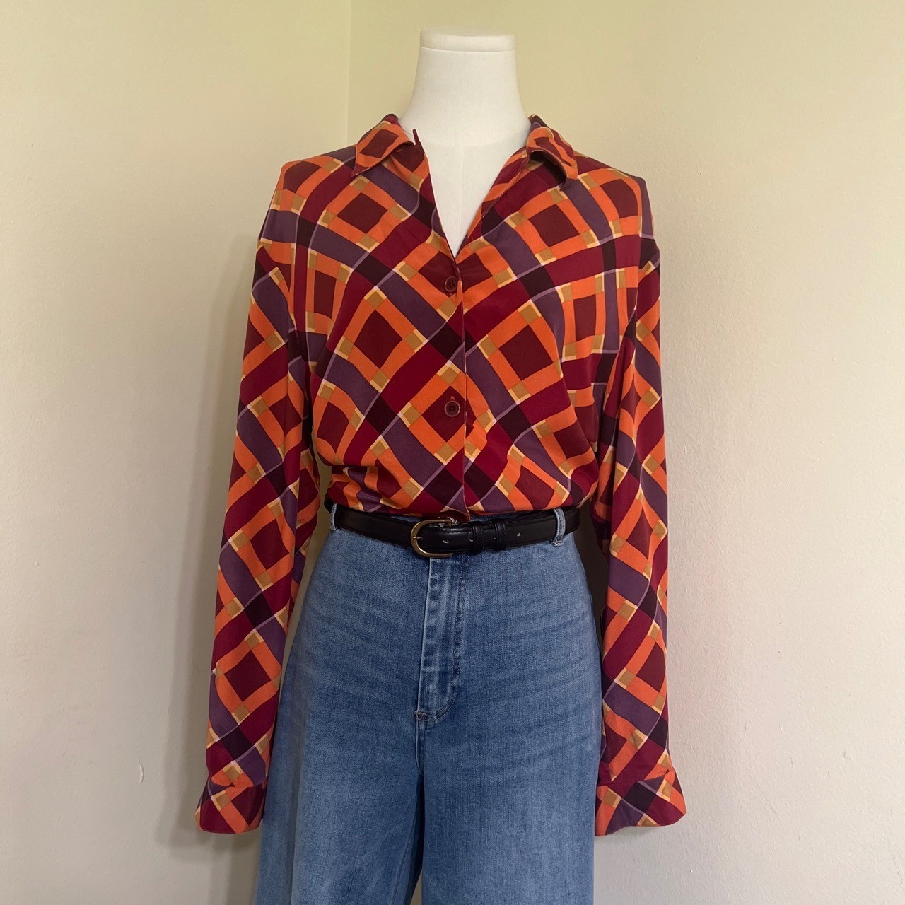 Via Seta Collection 100% Silk Geometric Plaid Button Down Blouse Orange Purple L