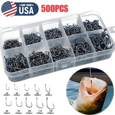 500Pcs Fish Hooks 10 Sizes Fishing Black Silver Sharpened With Box Quality kit