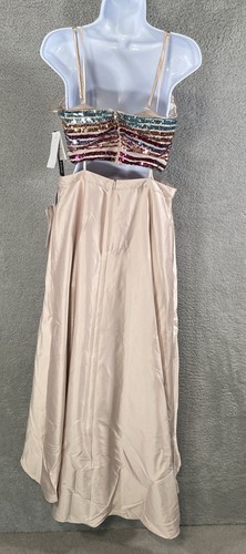 NWT Sequin Hearts Junior Women 13 Blush Pink Multi 2Pc Sequin Bandeau Satin Gown - Picture 6 of 6