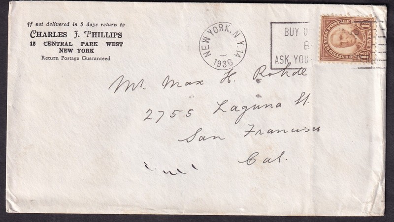 1936 cover Charles J Phillips 15 Central Park W NY to Max H Rohde San Francisco