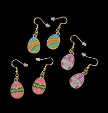 Set Of 3 Handcrafted Easter Egg Shaped Dangle Earrings Bunny, Stripes & Dots