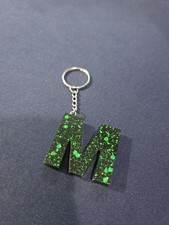 Initial New Block Letter M Resin Black W Green Sparkle Key Chain