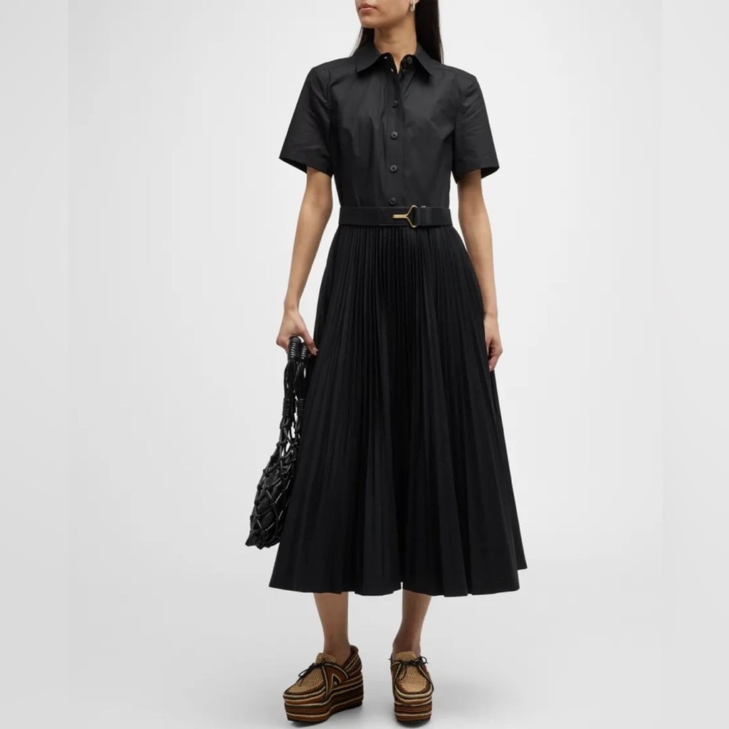 Tory Burch Pleated Short-Sleeve Poplin Midi Shirtdress in black cotton poplin
