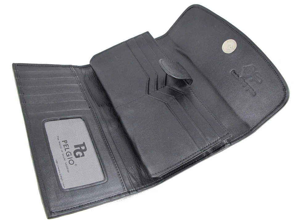 Cartera sin asas de cuero genuino con piel de raya de diamante para mujer triple pliegue negra Foto 4 de 4