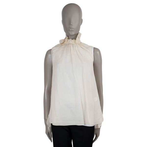 73129 authentische BRUNELLO CUCINELLI cremefarbene Baumwolle RÜSCHEN HOHER AUSSCHNITT Bluse Shirt S