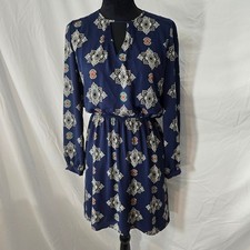 Express Navy Blue Medallion Print Long Sleeve Lace Shoulder Mini Dress Medium