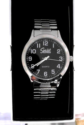 MENS SPEIDEL TWIST O FLEX BAND BLACK DIAL SILVER TONE QUARTZ WATCH 38MM