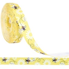 10 Yards 3/8 Inch Yellow Bee Ribbon White Polyester Pattern Print Grosgrain