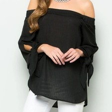 LOVE IN Women’s M Off/On Shoulder Top Black Oversized Tie Sleeves Made in USA