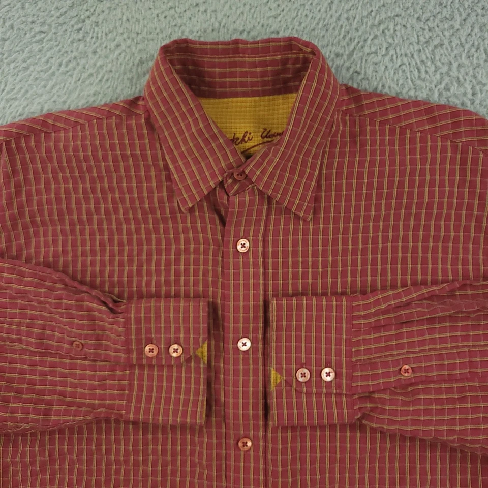 Bugatchi Shirt Mens Medium Red Yellow Check Plaid Long Sleeve Button Front Modal - Image 2 of 4