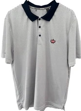 Adidas Polo Shirt Mens Large White w/Blue Stripes. Embroid Swisher Sweets Logo