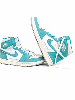 Jordan Air Jordan 1 High Top Suede Colorblock Turquoise White Gray Lace-Up.