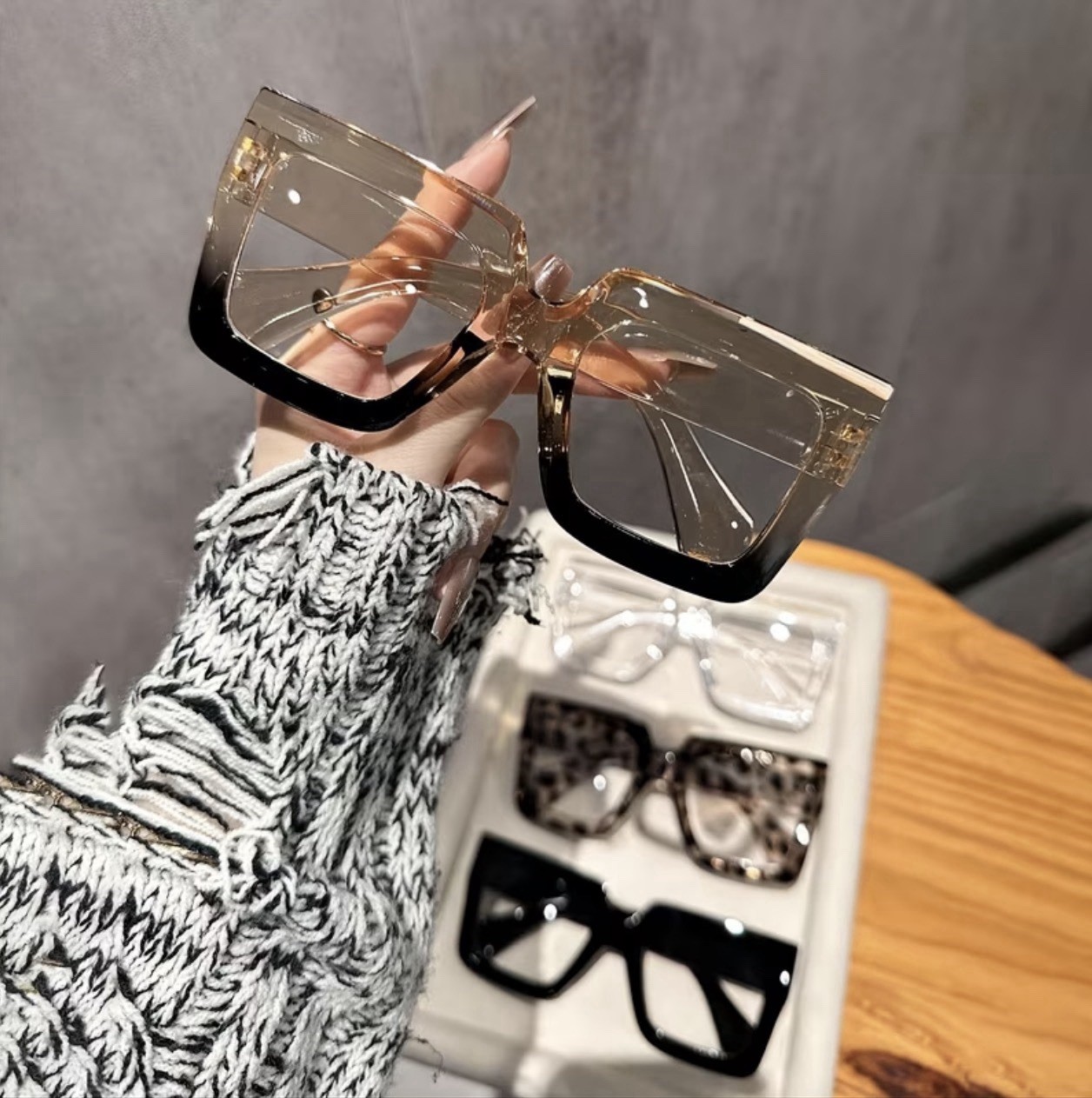 4pcs Oversize Square Full Rim Eyeglass Frames Women's Plastic Clear Black Beige