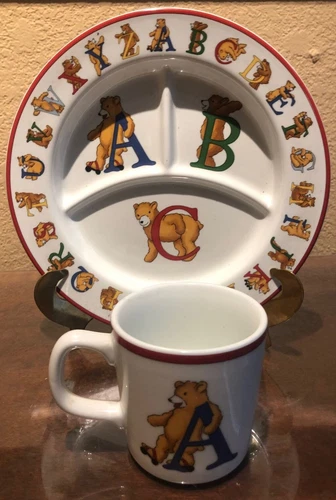 Tiffany & Co. Alphabet Bears Divided Plate and 2 Handled Cups 1994