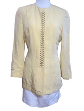 Vtg Mondi Skirt Jacket Suit Women 36 Linen Blend Yellow Embroidered Gold Glitter