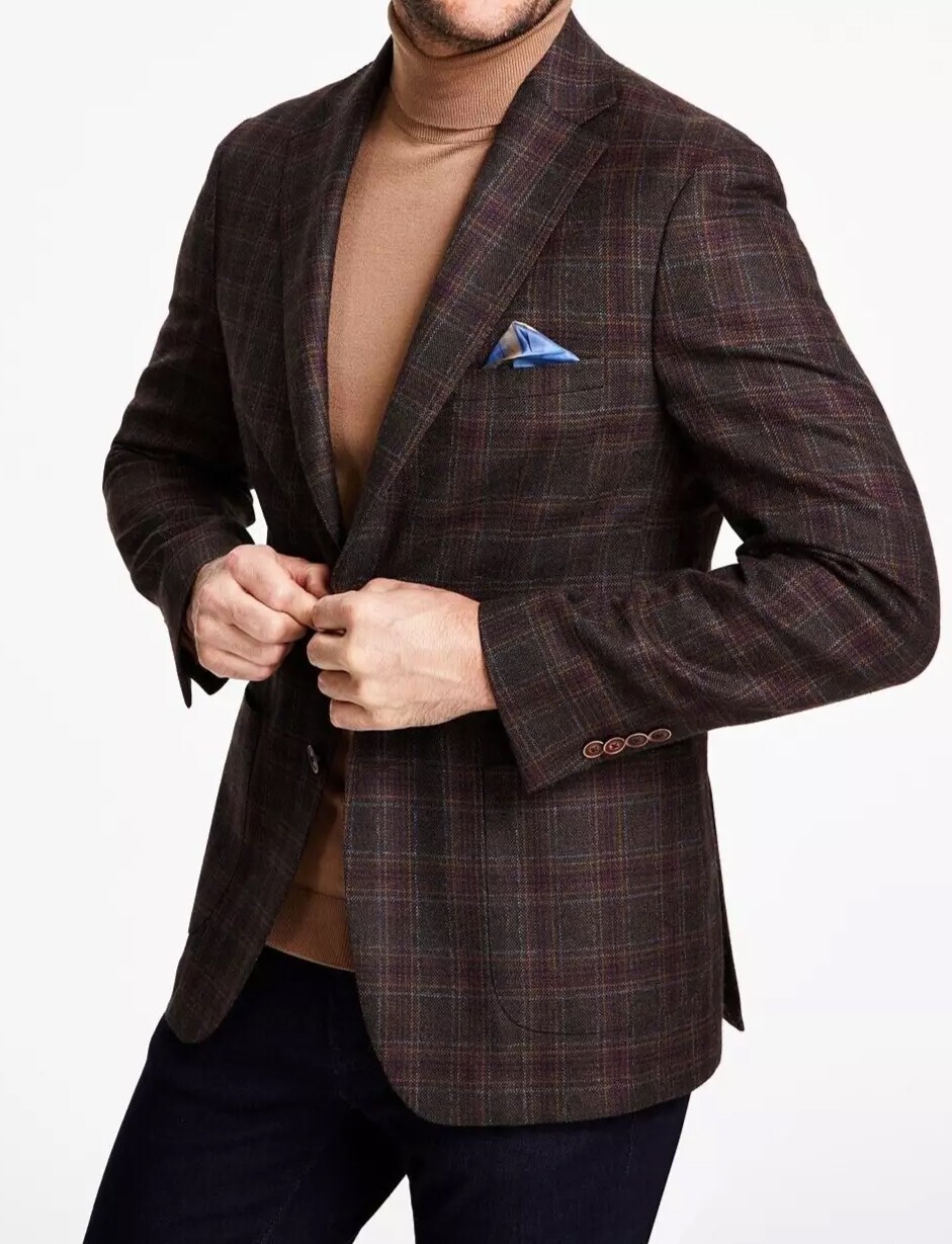 $295 New Tallia Slim Fit  Slim Fit Wool Blend Brown Plaid Sport Coat Blazer 44 R