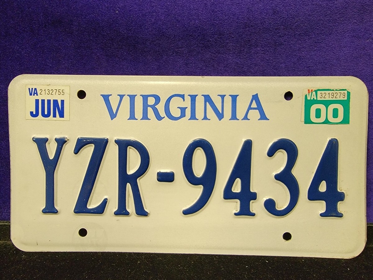 1x Vintage License Plate #YZR-9434 Virginia White w/ Blue Letters