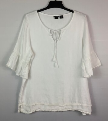 Tahari Tunic Womens 1X White 100% Linen 3/4 Bell Sleeve Keyhole Tie Neck Pom Pom