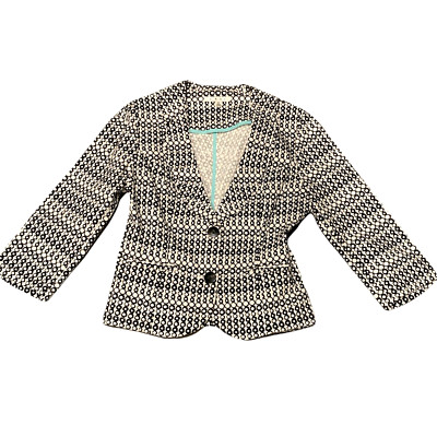 CAbi Du Jour #298 Jacket Cropped Blazer Sz 4 Black White 3/4 Sleeve Cotton 266D