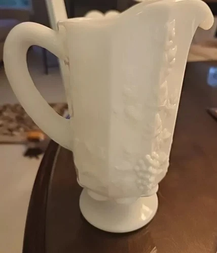 Westmoreland Footed Milk Glass Pitcher 9 Paneled Grape Vine Pattern  Vtg 8" H,5