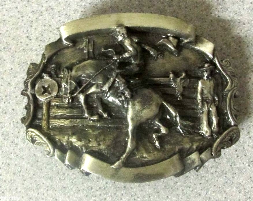 Vintage 1981 Bergamot Brass Works COWBOY BELT BUCKLE Embossed