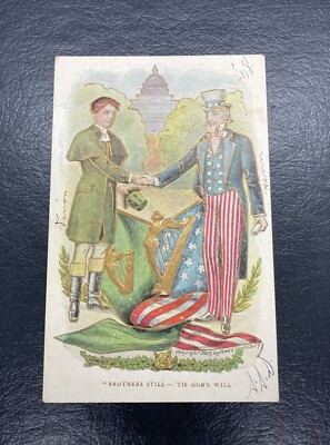 Postcard Patriotic Uncle Sam Shakes Hand of Irishman in Washington DC c1908