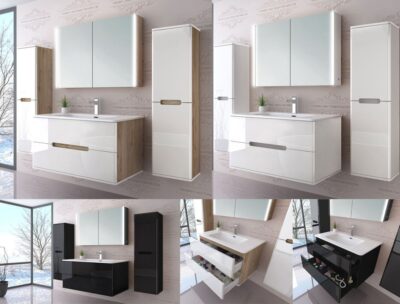 Badmöbel set mit waschbecken und spiegelschrank Hochglanz mit Keramik Becken 90
