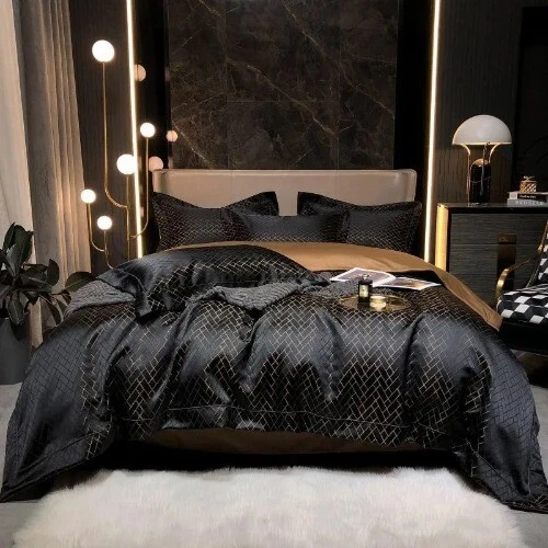 4/6Pcs Luxury Black Gold Yarndyed Jacquard Egyptian Cotton Smooth Duvet Cover — 第 2/4 张图片