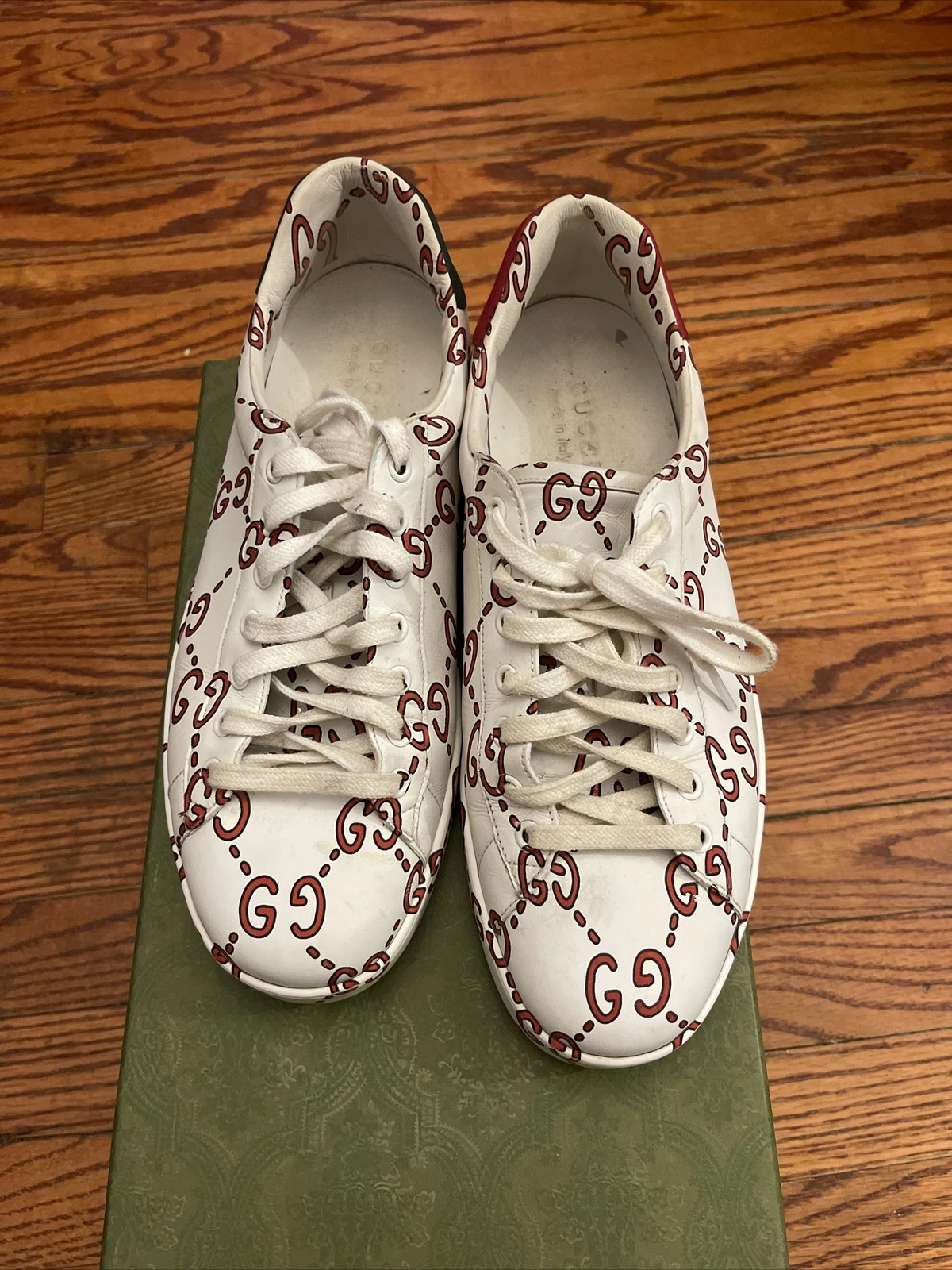 Baskets basses pour hommes Gucci Ace Ghost cuir blanc rouge logo GG taille 10
