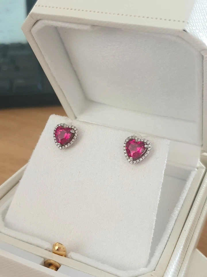 White gold finish heart red ruby and created diamond stud earrings gift boxed  - Image 3 of 3