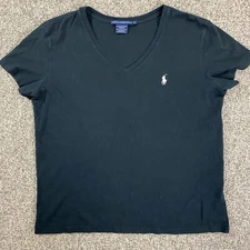 Ralph Lauren Sport Shirt Womens Large Black Logo Short Sleeve V-Neck 100% Cotton