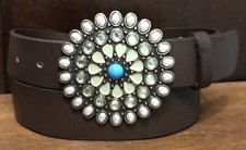 GAP Brown Cow Leather Belt Sz M Round Buckle Faux Stones Buckle USA 1-3/8  Wide