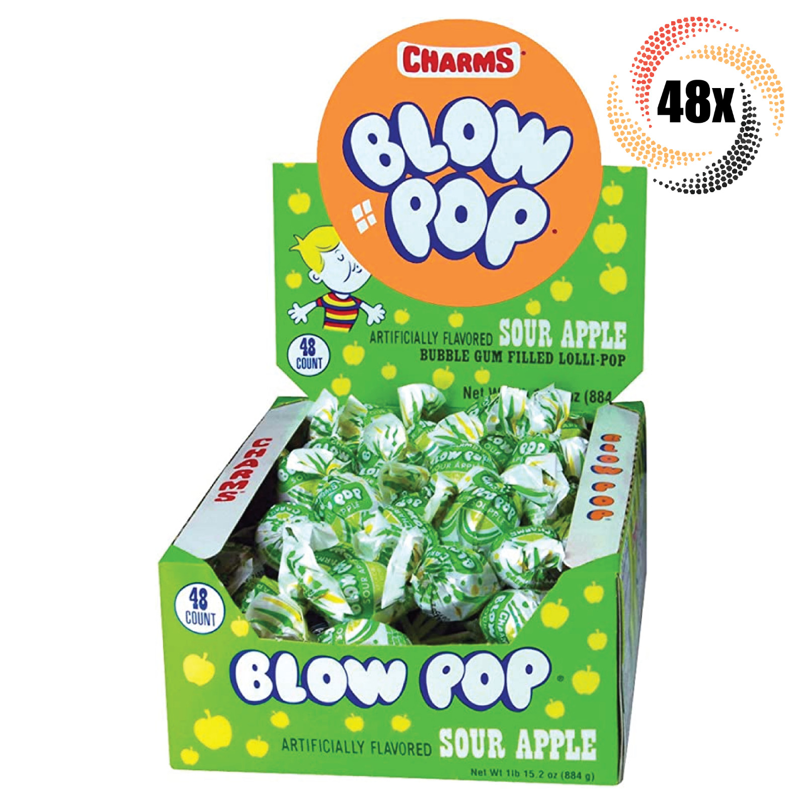 Full Box 48x Pops Charms Sour Apple Blow Pop Bubble Gum Filled Lollipops | .65oz