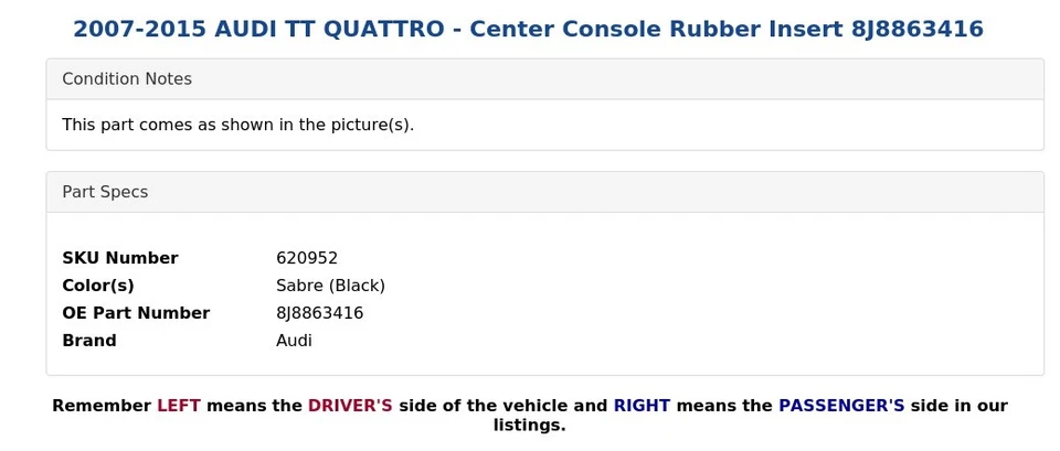 AUDI TT QUATTRO 2007-2015 - Consola central inserto de goma 8J8863416 Foto 4 de 4