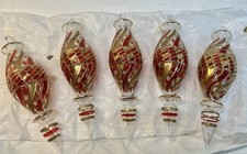 Vintage Hand Blown Glass Finial Ornaments Red Gold Gilt Oval Christmas Set of 5