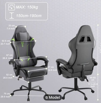 Ergonomic Gaming Chair with Adjustable Lumbar Support, Headrest & Footrest -