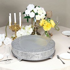 SILVER 22" wide Round Floral Embossed Cake Stand Cupcake Display Wedding Party