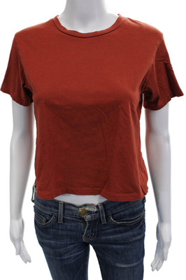 Amo Women Cropped Basic Brown T-Shirt Crew Neck Short Sleeve Size S