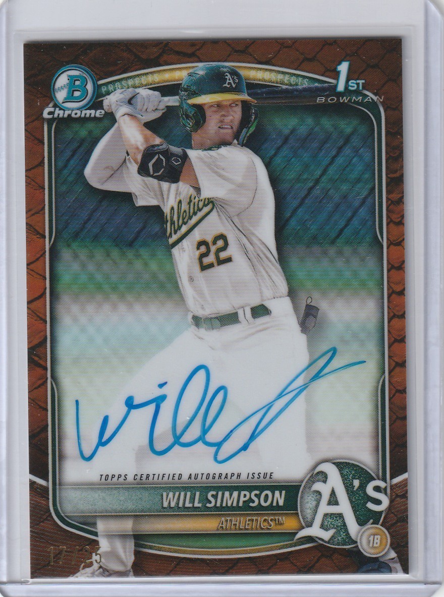 2025 Bowman Chrome Will Simpson 1st Auto Orange Reptillian Refractor /25