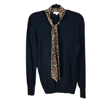 14th & Union Womens Medium Black Sweater Leopard Print Tie Neck Career Pullover 