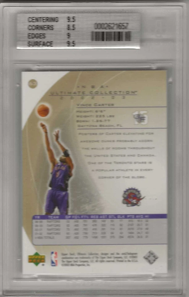 2002-03 Vince Carter Ultimate Collection ULTIMATE PARALLEL #3/25 BGS 9 MINT HTF - Image 2 of 2