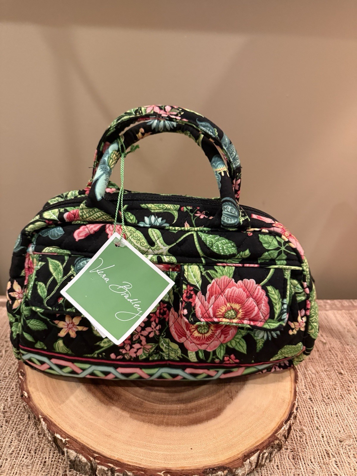 VERA BRADLEY LOLA Bowler Bag BOTANICA RETIRED Black & Pink New With Tags