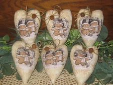 Rustic Christmas Farmhouse 6 Appliqued Gingerbread Hearts Ornaments Vintage Look