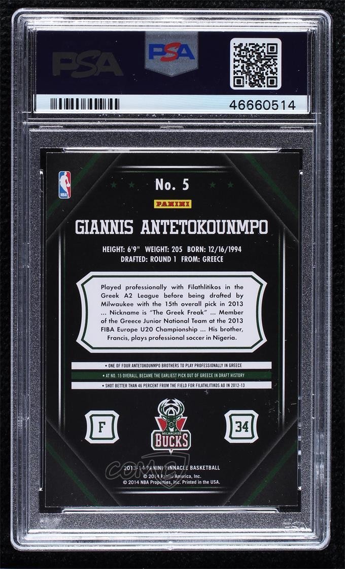 2013-14 Panini Pinnacle Giannis Antetokounmpo #5 PSA 9 MINT Rookie RC view 2
